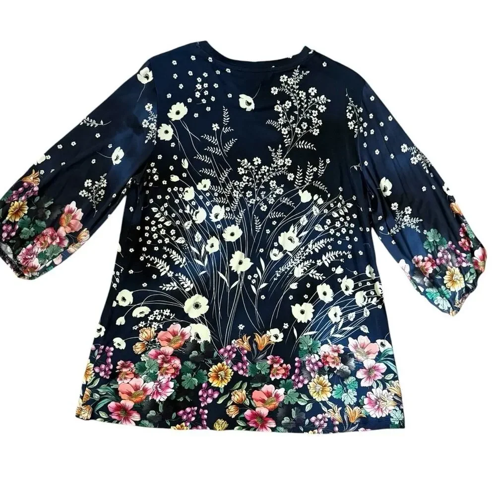 Johnny Was Janie Favorite Puff Sleeve Top Bursting Floral Navy Size Medium